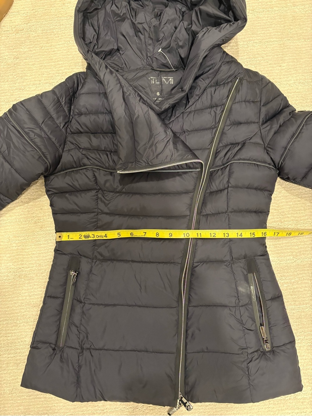 Tumi Asymmetric Navy Blue Puffer Jacket / with Black Trim & Cuffs